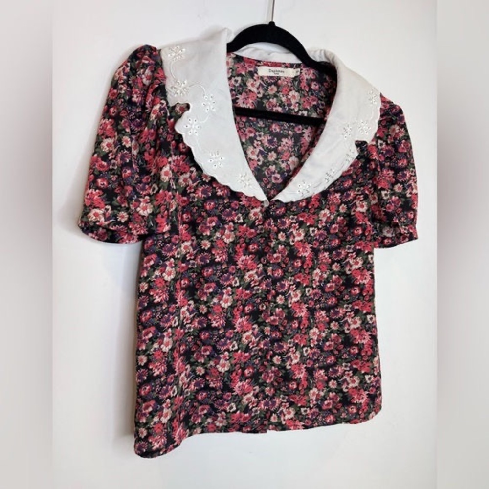 Floral Puff Sleeve Top with White Collar